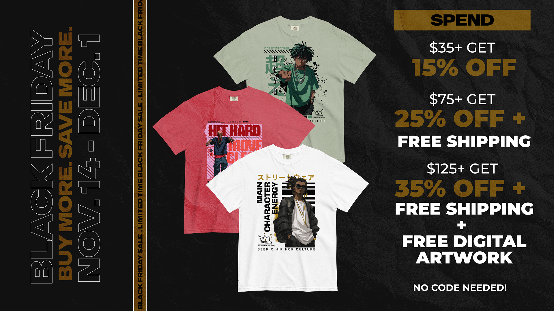 Three t-shirts displayed with Black Friday sale text on a black background